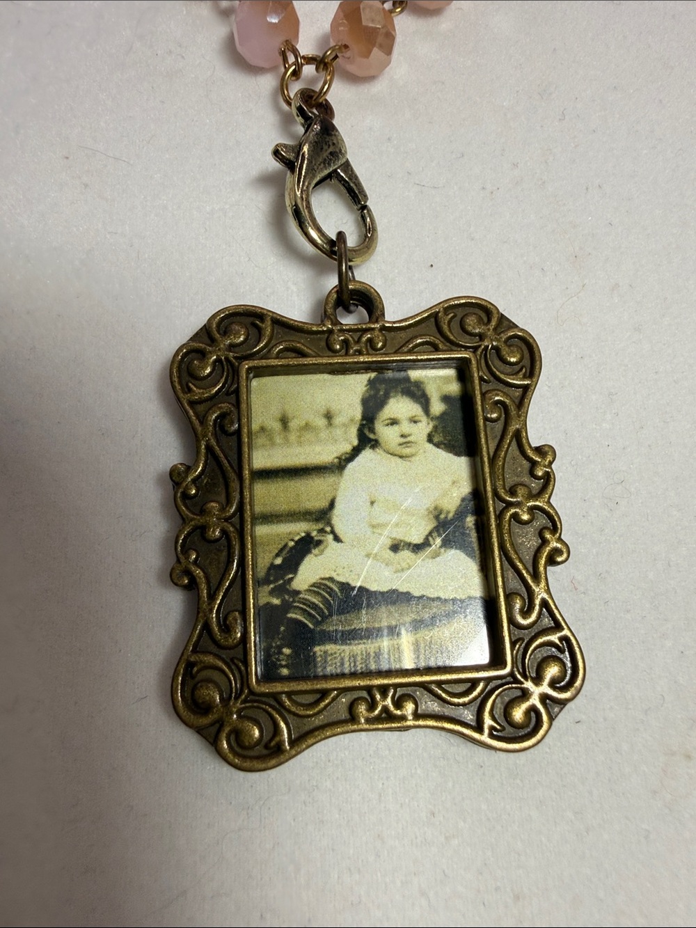 Bronze Photo Frame Pendant Necklace with Pink Beads